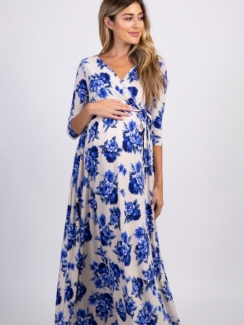 Floral Wrap Maternity Maxi Dress - Blue/White